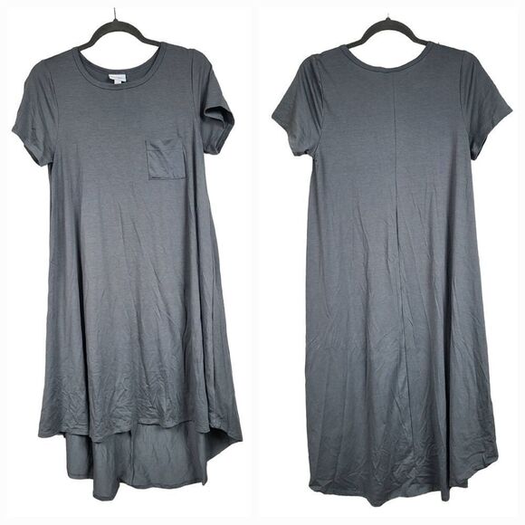NEW LuLaRoe Carly Dress S (6/8) Solid Gray Slub Jersey Knit Midi Pocket Hi-Low - Picture 2 of 6